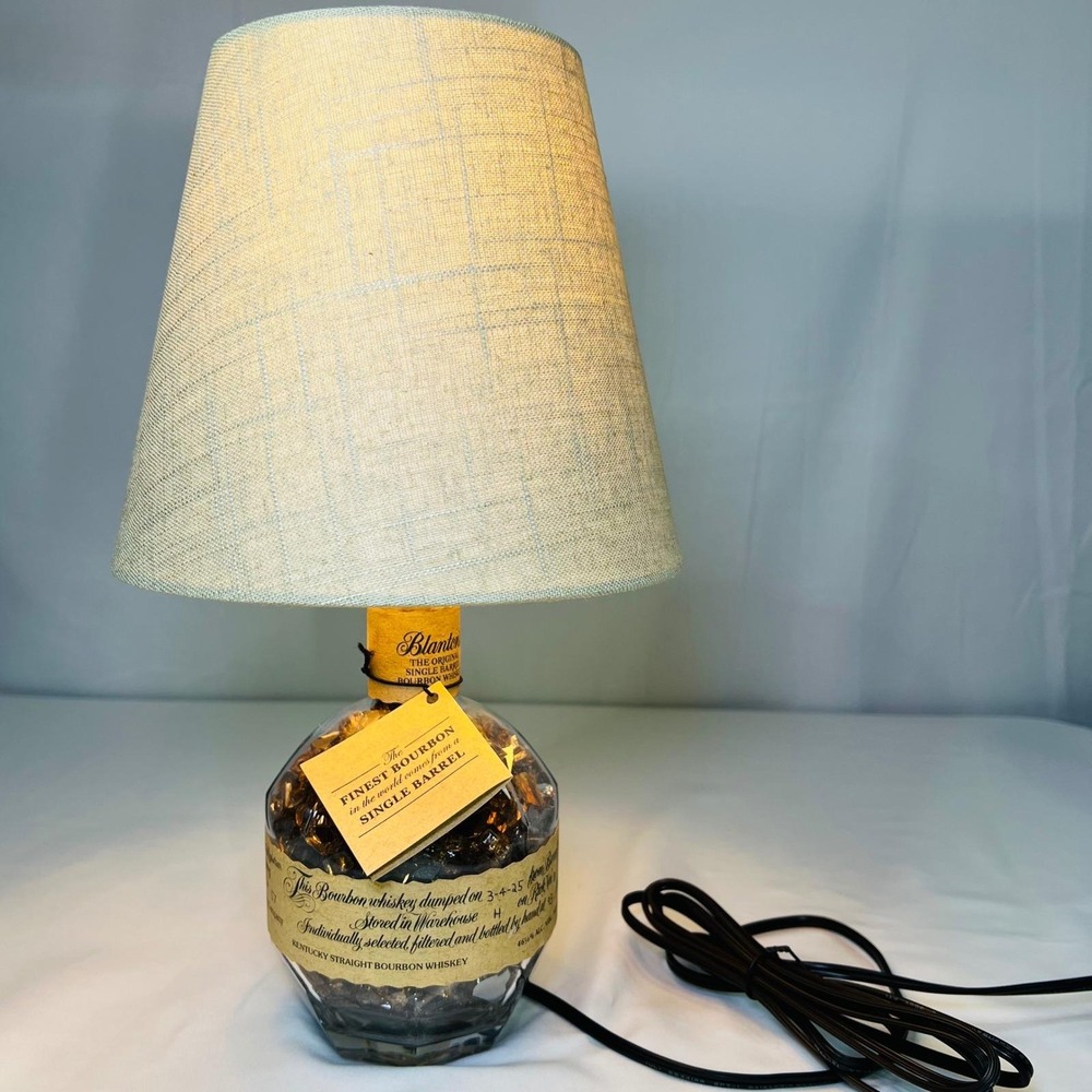 Blanton's Bourbon Bottle Lamp Upcycled‎ Whiskey Bar Decor with Linen Shade